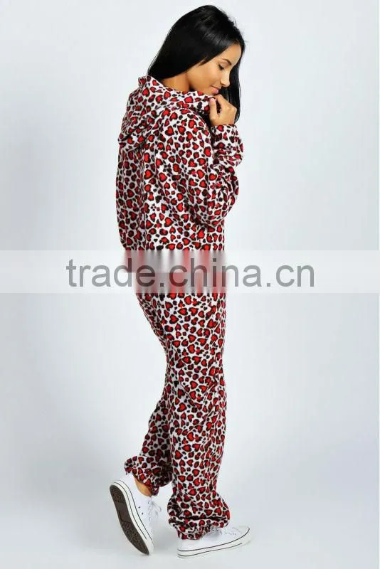 heart print hooded adult onesie leopard