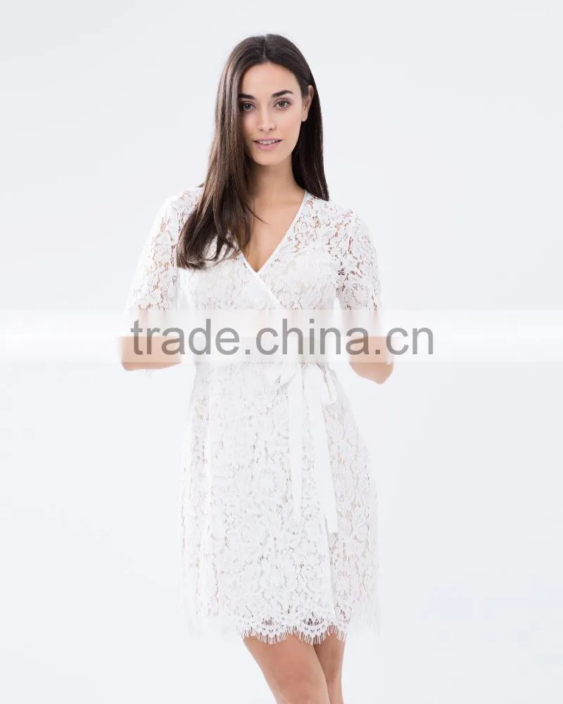 Regular fit adjustable straps wrap front lace robe fashion sleeping robe for women 2016