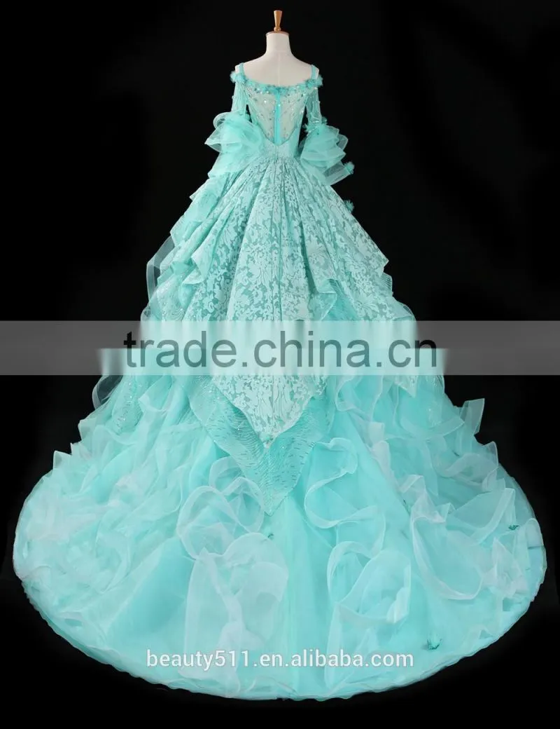estido De Novia 2018 Luxury Blue Wedding Dress with Flowers Through Back Bridal Gowns Robe Mariage Cap Sleeve Wedding Dress F143