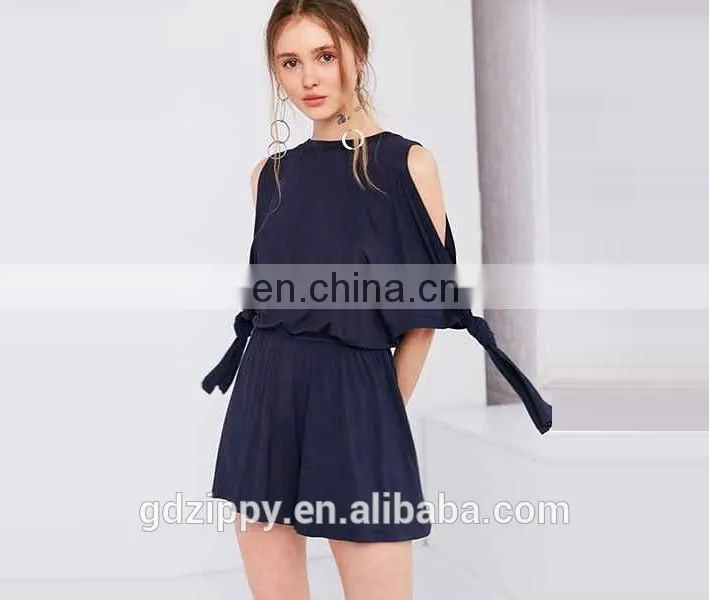 2017 latest fashion navy color cold shoulder blouson women casual jumpsuit