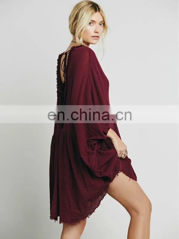 High quality raw hem cotton gauze dress fashion high low tunic dress