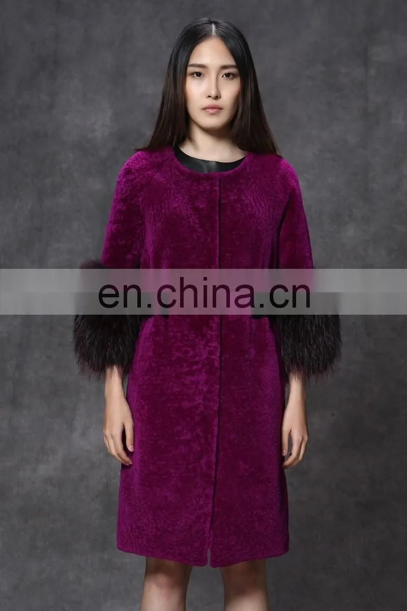 hot pink Merino sheep wool sheep shearling fur rose red overcoat with raccoon trimming