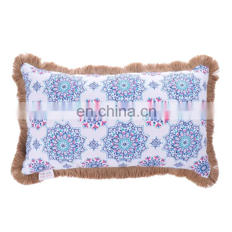 Factory Supply Waterproof Durable Blue Comfort Classics Flower Screen Printing Outdoor Pillows with Jute Fringes