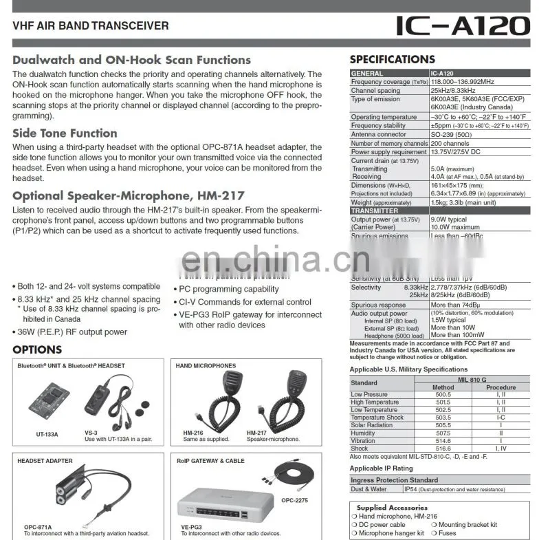 Top Performance Mobile Airband Radio with Active Noise Cancelling IP54 ICOM IC-A120 VHF AIR BAND TRANSCEIVER