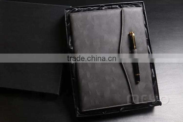 Offical brown leather notebook with locker with silver ballpoint pen gift set