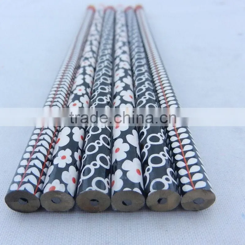 hot sales 7inch HB wooden round heat plastic mantle flower pattern pencil with color eraser
