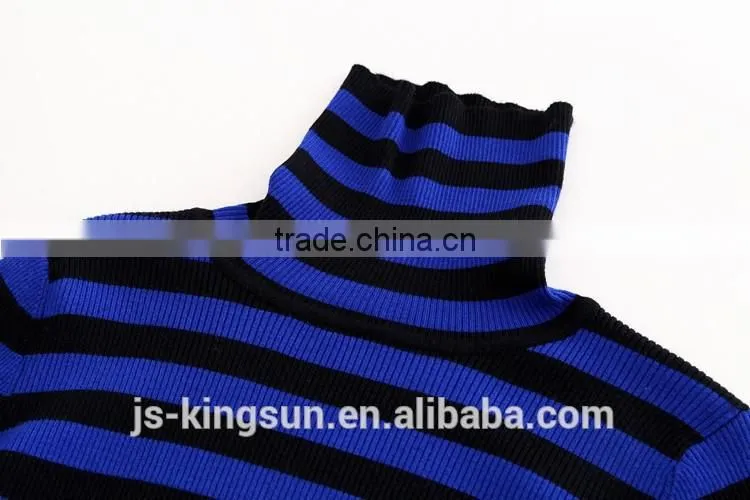 JS--11016B have three colors in-stock turtle neck striped women knit sweater