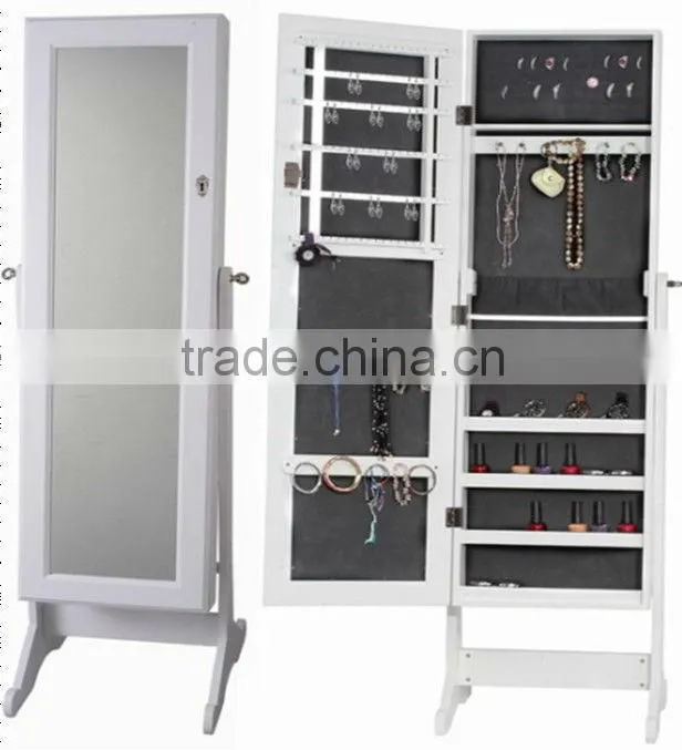 Floor wooden jewelry mirror cabinet with white finished