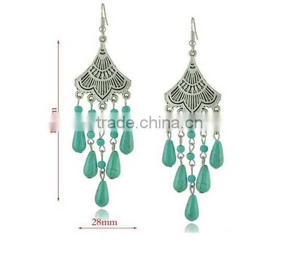 2016 Fashion New Bohemia Bead Pendant Gypsy Style Turquoise Tassel Long Dangle Earrings