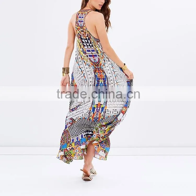 Asian woman clothing sleeveless kaftan abaya print ethnic maxi dress