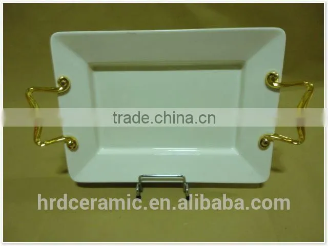 Gold rim four pane stock ceramic plate with handle