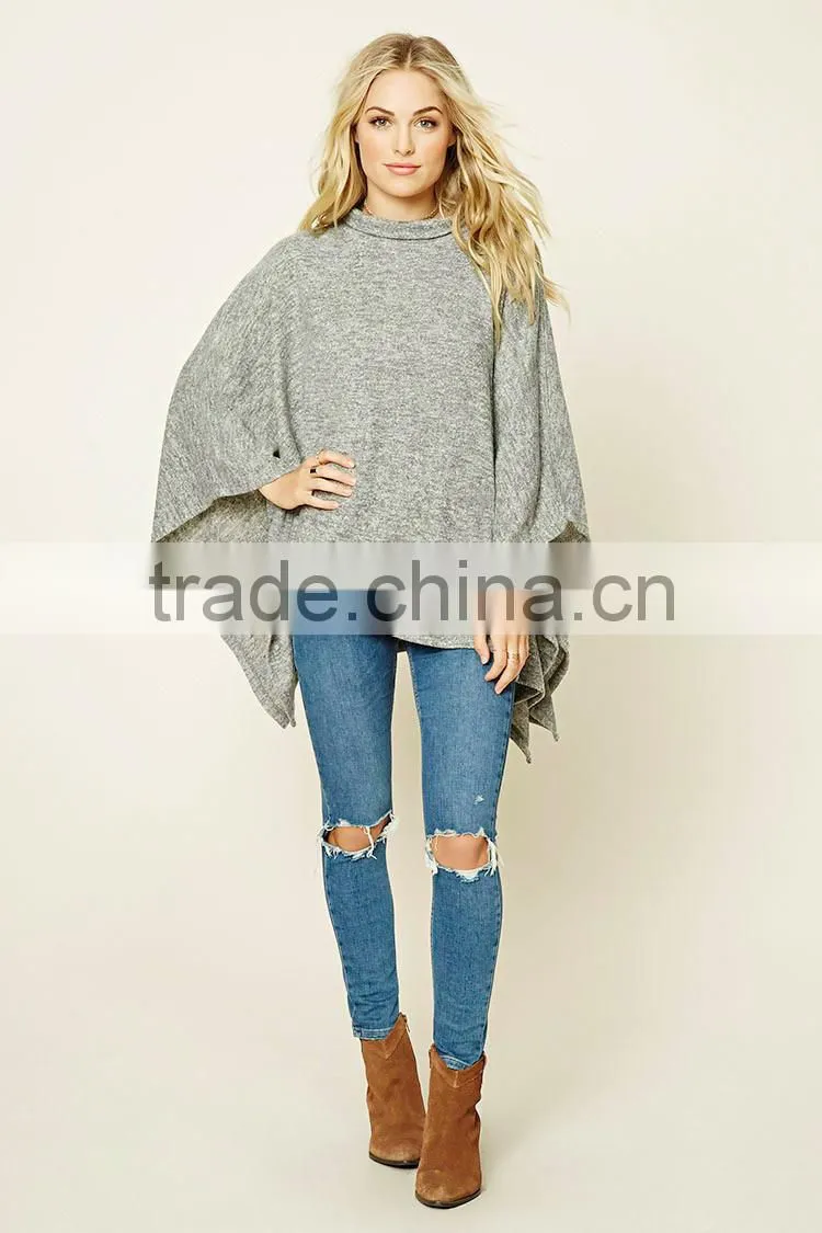 High Quality Custom Comfortable Girls Women Soft Knit Mock High Neck Poncho Pullover Draped Cape Flare Sleeves Blouses Tops