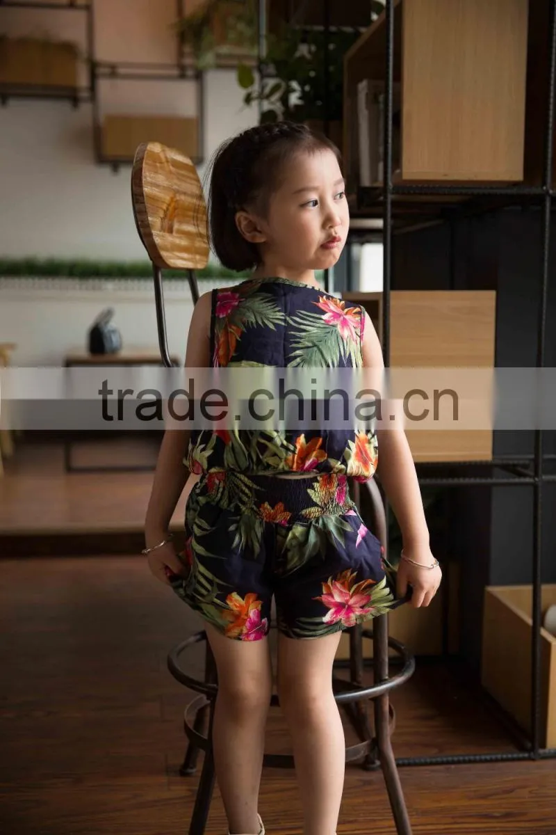 fashion off shouder 100% viscose set summer sleeveless cloth set girl shirt and printed flower soft handfeel cloth