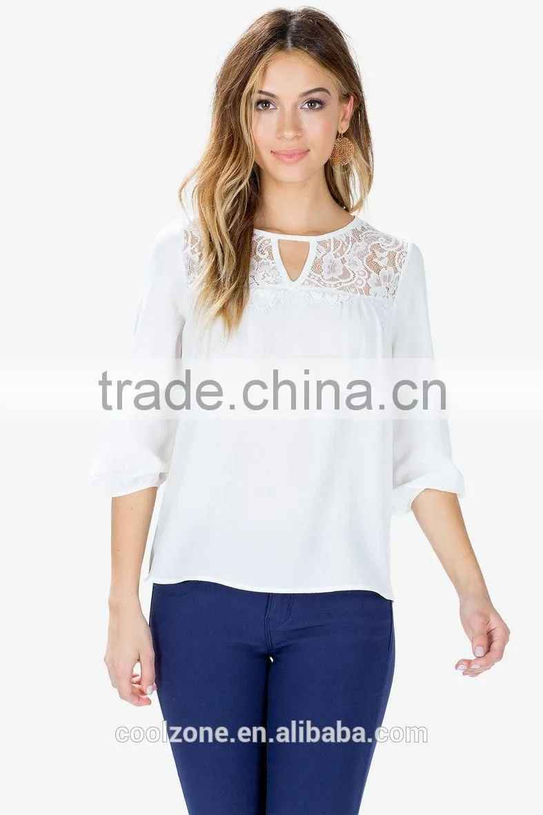 Crew neck long sleeves fashion lace blouse with keyhole front