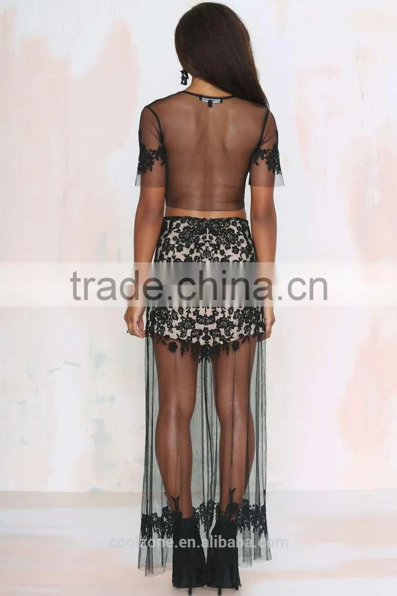 Slim front lace see through floral print latest long skirt design
