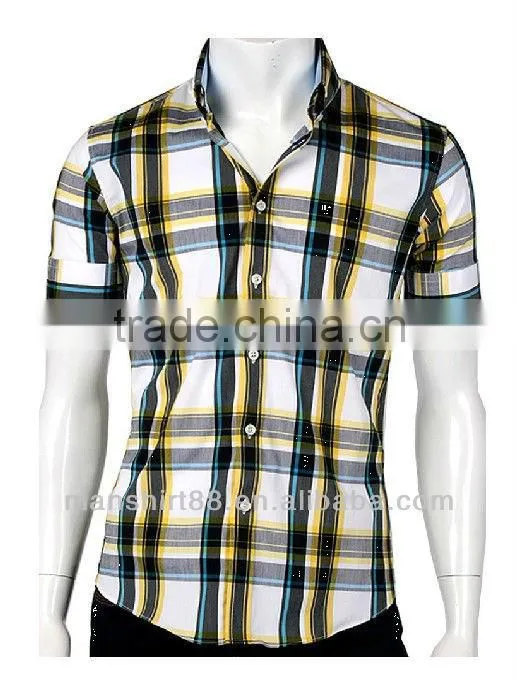 men slim fit basic short sleeve plaid casual shirt