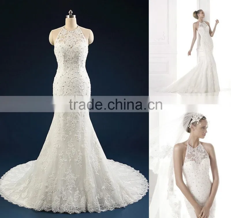 wedding gowns 2017 bridal dress Round neck chiffon Sleeveless elegant prom wedding gowns Mermaid Lace wedding dress AS292