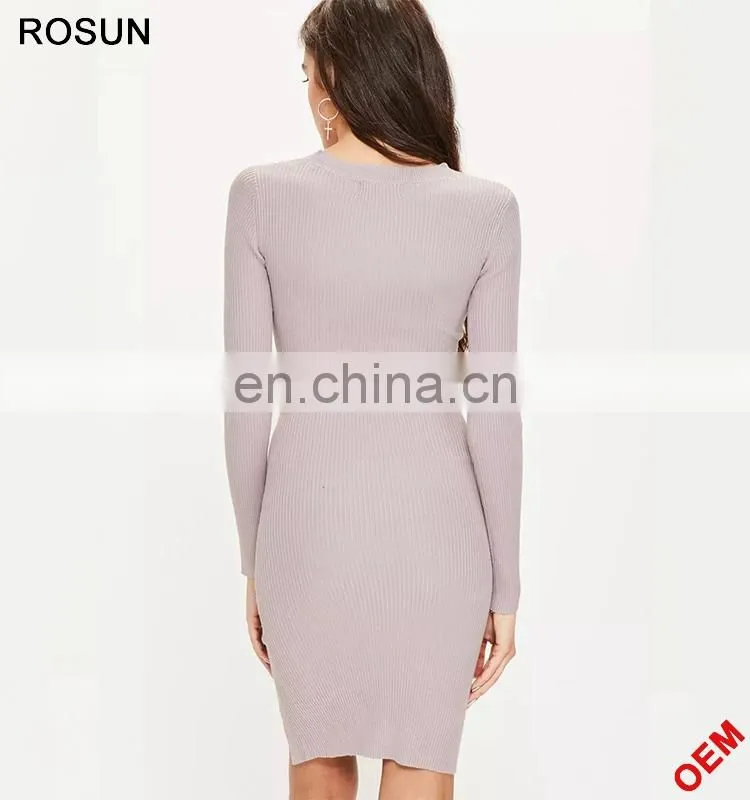 ROSUN China Factory OEM Cut Out V Neck Ribbed Midi Sweater Dress
