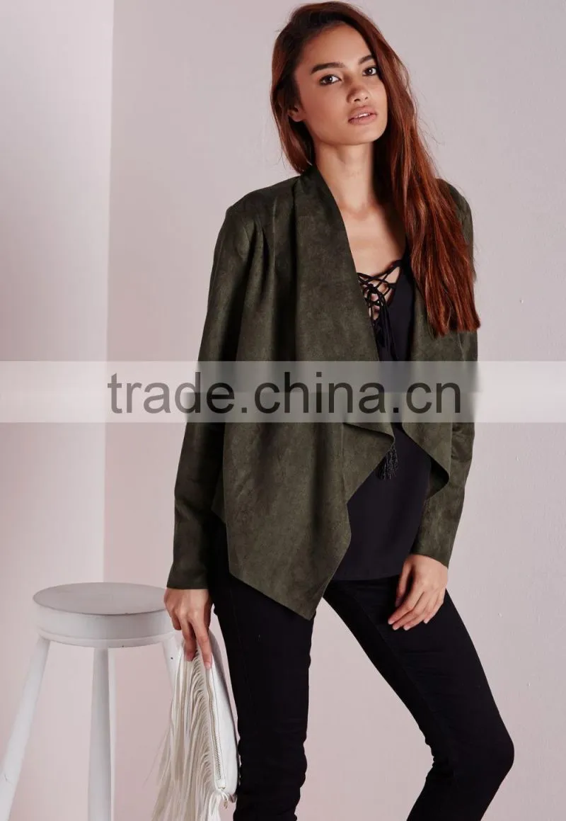 2015 Women Winter Short Waterfall Faux Suede Jacket