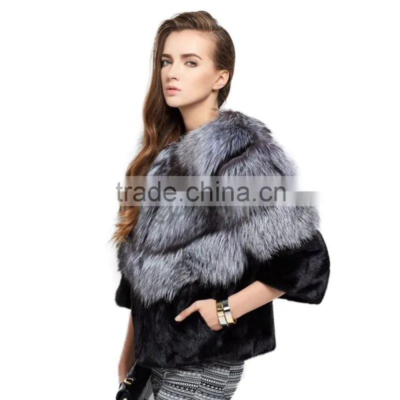QD30970 Women Winter Real Silver Fox Fur Match Mink Fur Jacket Cross Grain Silver Fox Fur Jacket
