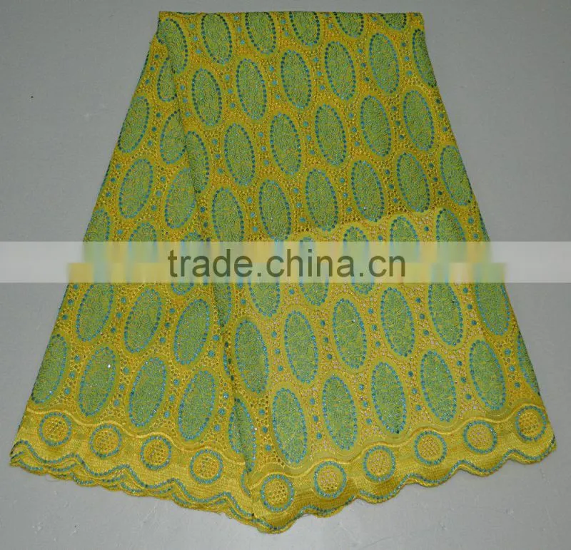 Cheap Swiss voile lace fabric in golden materials with sequins