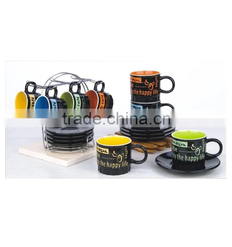 black outside color inside in metal holder 90cc espresso cups 12pcs ceramic cup and saucer