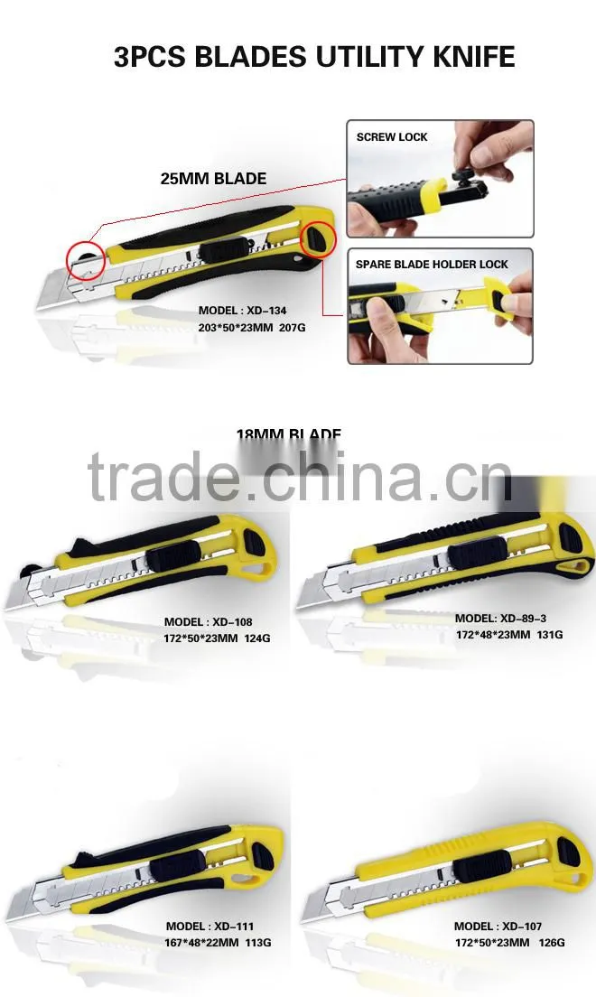3 PCS Auto Loading Blade plastic with rubber grip handle 18MM Utility Knife