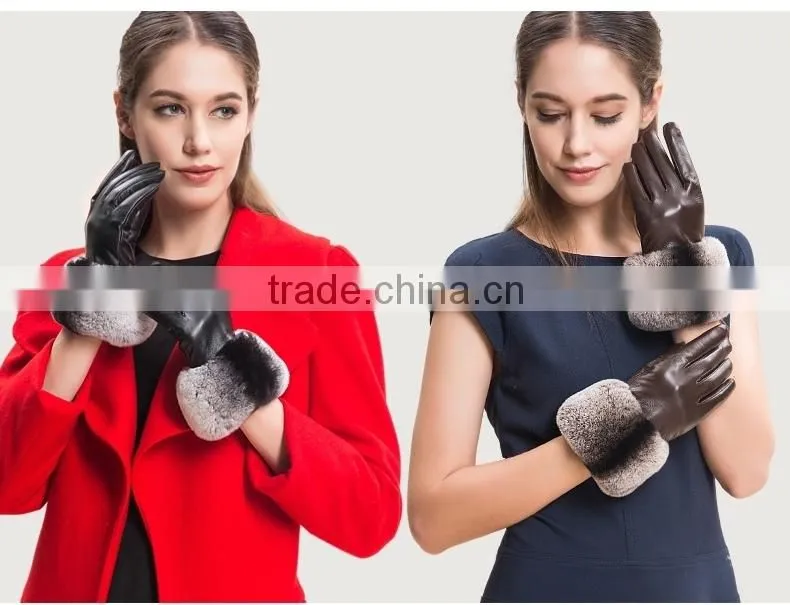 Ladies Wearing Leather Gloves With Gradient Rex Rabbit Fur Trim Genuine Sheep Skin
