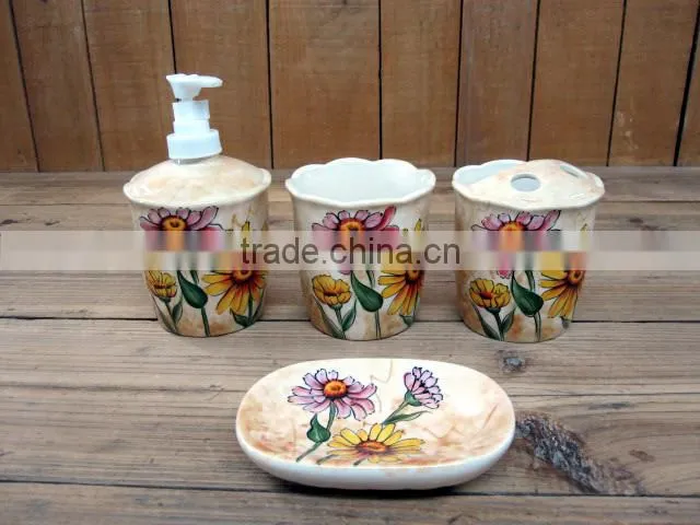 Flower Hand-painted Ceramic 4 PCs Bathroom Set