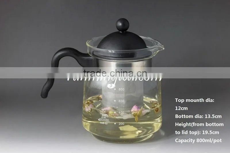 Wholesale Straight Glass flower Tea Pot/teapot with Stainless Steel strainer screen (borosilicate with PV Handle)