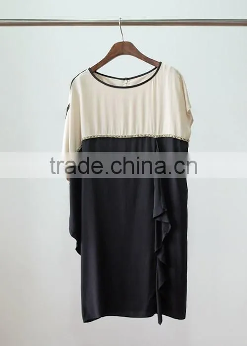 100% silk contrast color dress with beaded round collar