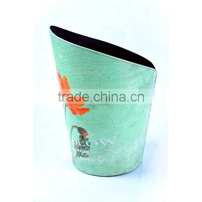 2016 Newest Flower Print Decorative Faux Leather Trash Can With Handle