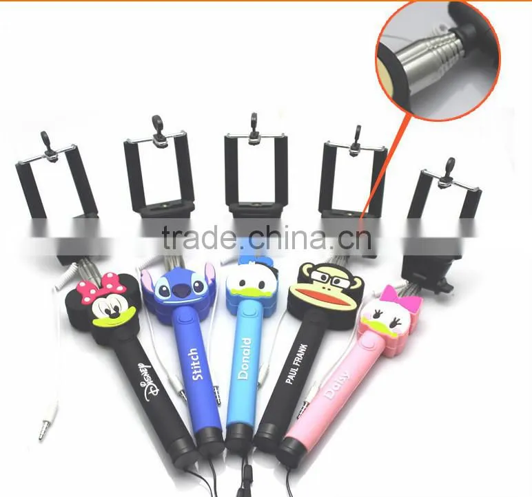 With cute cartoon design handheld extendable Cable Take Pole selfie stick/ cartoon monopod/ wire selfie stick