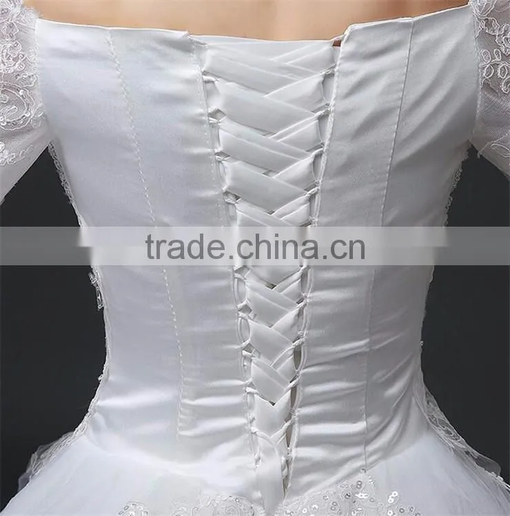 MGOO Lace Trim Hem Beaded Empire Vintage Floor Length Off Shoulder Wedding Dress Bride Grown Long Sleeve