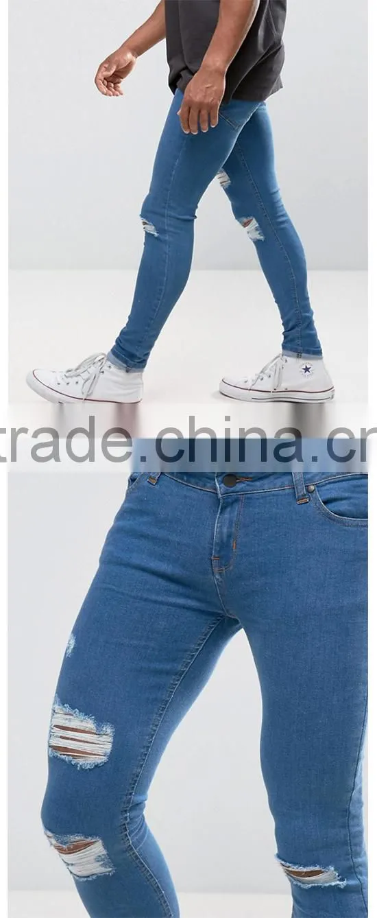 Wholesale designer denim super skinny spray on jeans custom men's ripped damaged jeans pants