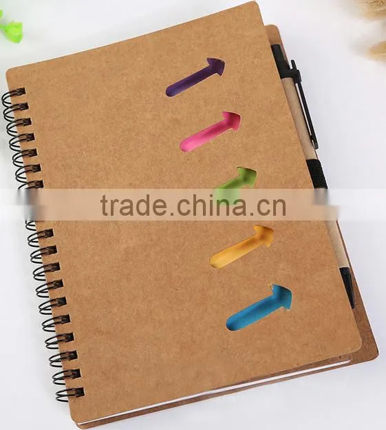 customised logo Kraft blank cover white lined inner paper spiral notebook with pen colorful sticky notes divider