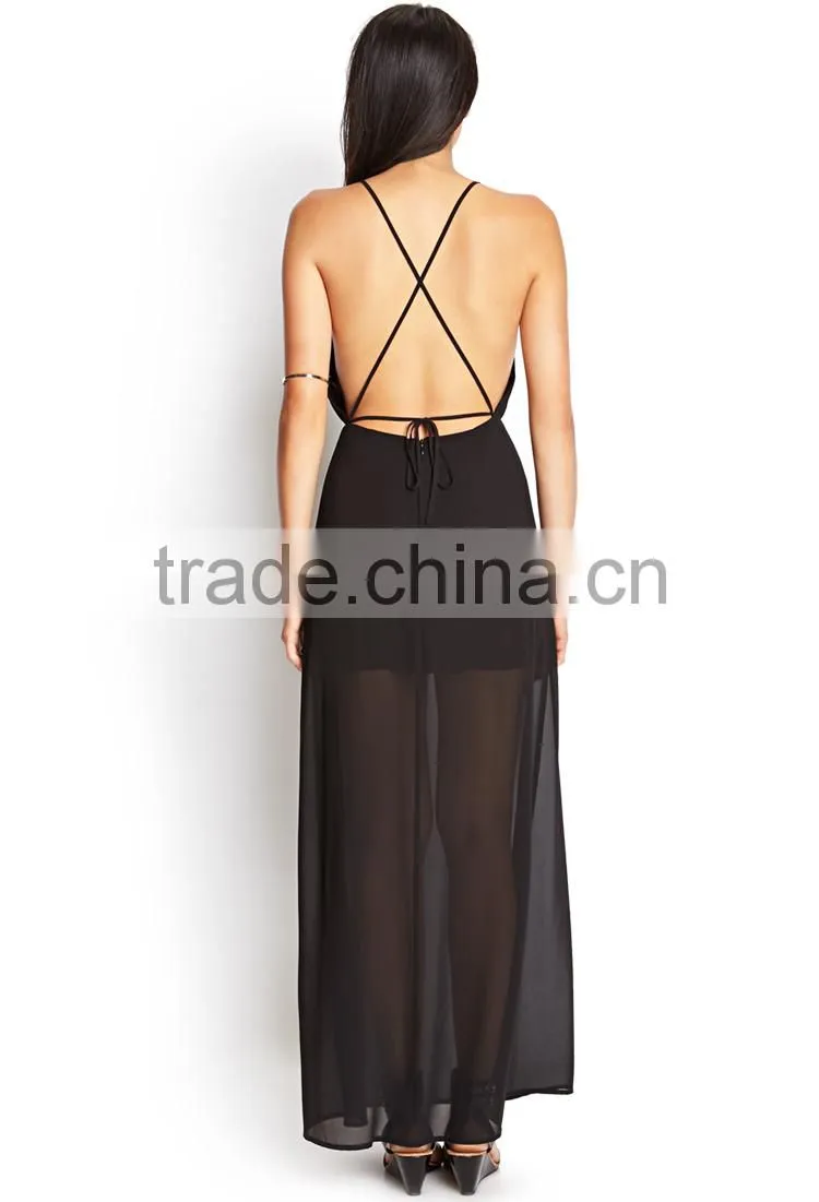 hot selling women spaghetti strap chiffon evening dress plain black chiffon evening dress backless chiffon evening dress