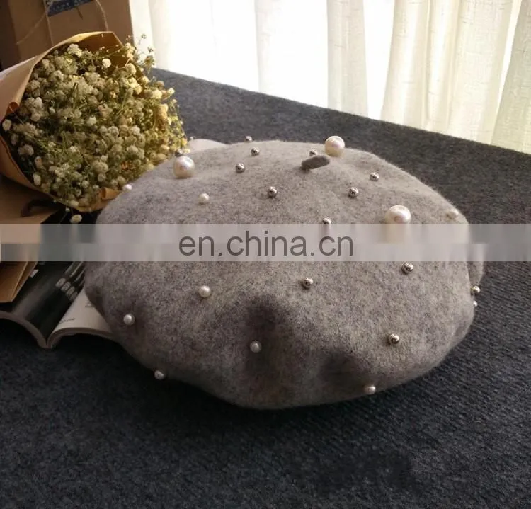 2017 Fashion Woman Spring Pearl Wool Beret Hat