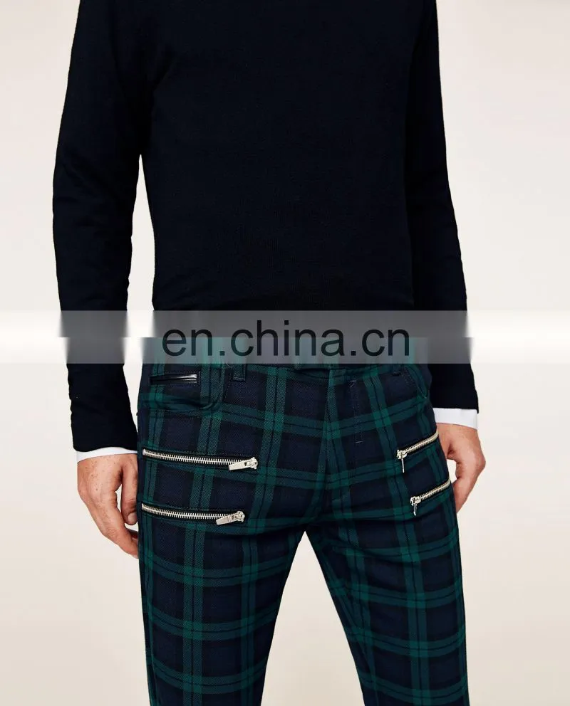 New Style Wholesale Man Fashion Slim Fit Checked Trousers With Zips