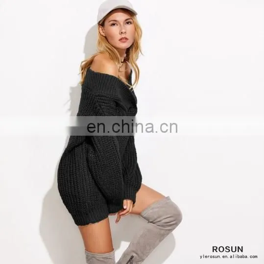 Women Black V Neck Drop Shoulder Chunky Knit Sweater Dress