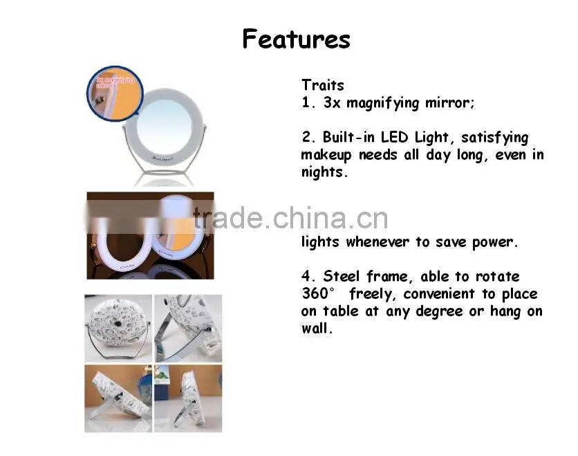Makeup mirror stand round compact mirror 3X magnifying mirror with LED Light ZLIME ZL-M1306