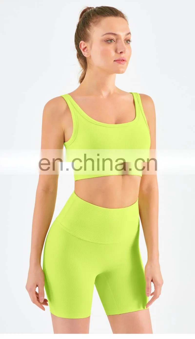 Wholesale Ribbed Covered Sports Bra High Impact Women Fitness Yoga Bra Side Gather