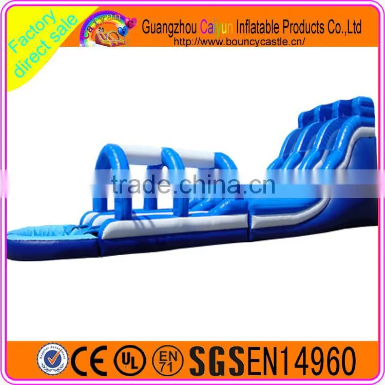 Blue long inflatable water slide with pool