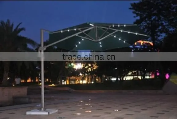 300*300 leisure outdoor solar patio umbrella with 32 led lights handle crank and USB charger and marble base