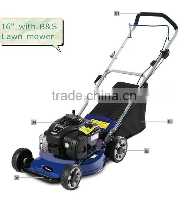 China 16inch wheel adjustable grass cutting B&S B450E American gasoline engine wholesale manual cheap mini lawn mower for sale