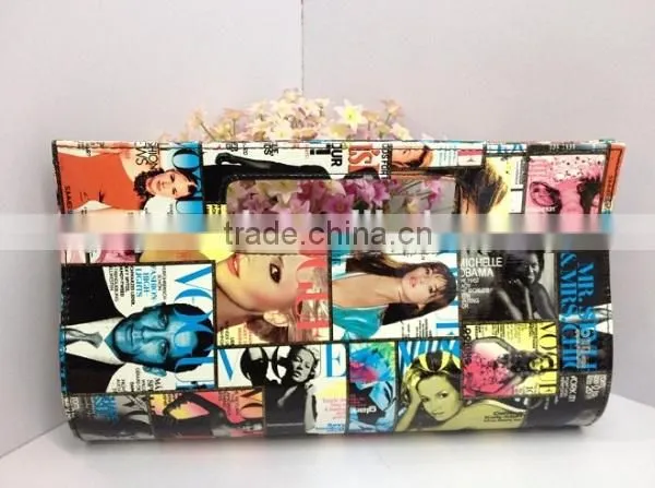 Italy design magazine print bag metal chain evening hand bag