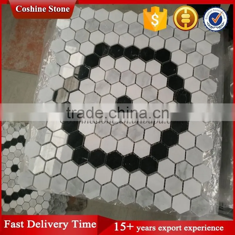 White carrara and dark black marble stone hexagon shaped mosaic