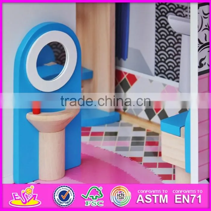 2016 new design children home play toy model wooden doll house kits W06A214