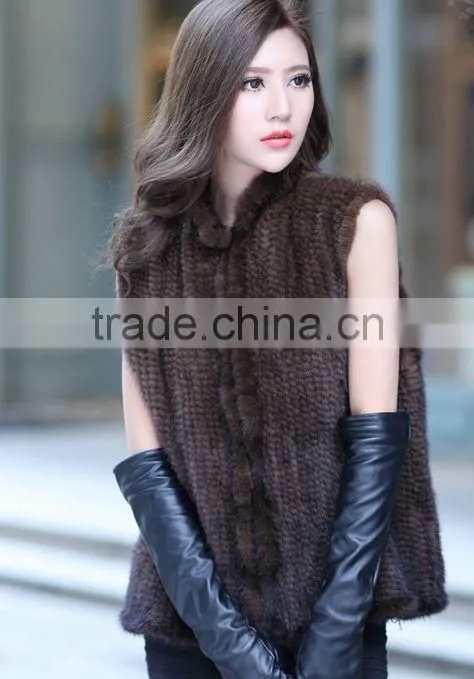 YR691 knitted real mink fur black /brown short sleeve vest