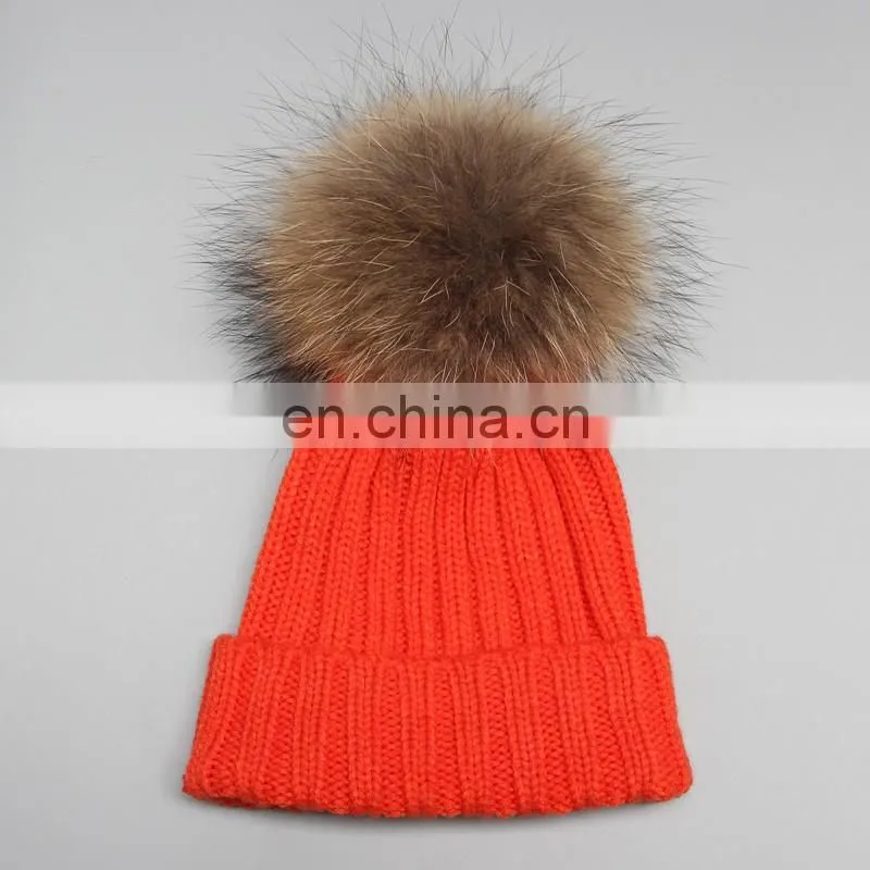 Top grade red child pompom hats for kids with 15cm large raccoon fur ball